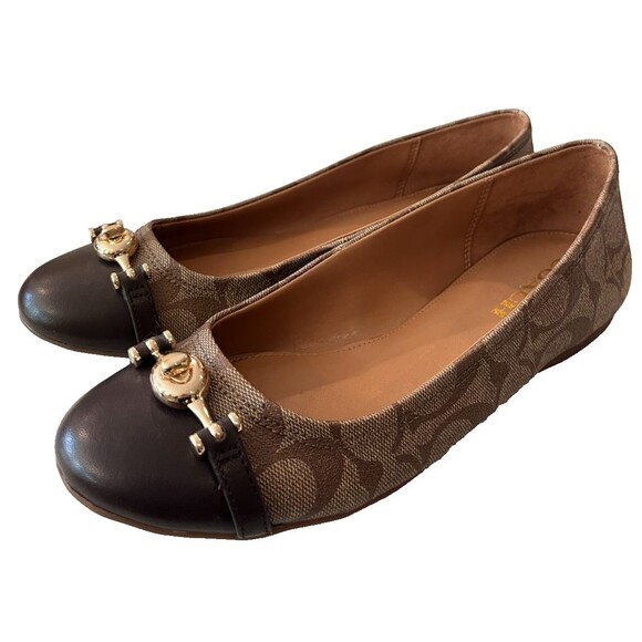 Coach Size 8.5 Women’s Ballet Leila Flats Khaki Chestnut Shoes Q9090 Logo w/ Box - Picture 3 of 15